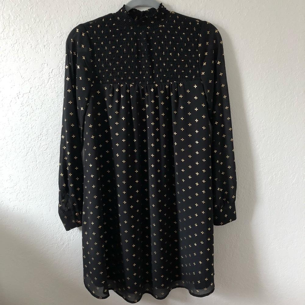 Black and Gold Print Long Sleeve Dress